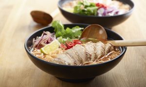 A bowl of chicken chilli ramen noodles